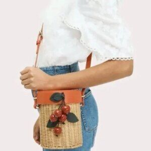 Kate Spade Picnic Cherry Charm Wicker Crossbody Bag Red Leather Trim NWT RARE